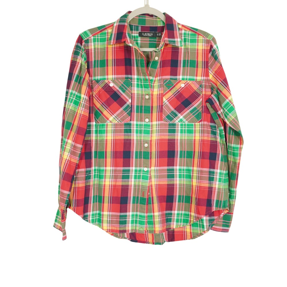 Lauren Ralph Lauren Women's Fall Plaid Button Down Shirt Roll Tab Petite Large